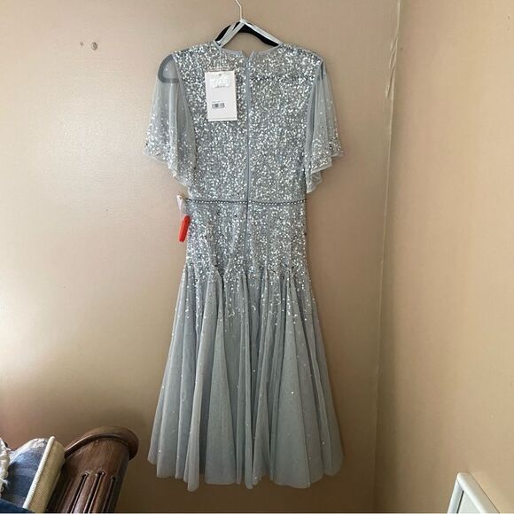 Mac Duggal #93655 Cape Sleeve Beaded Tea Length Dress blue Sz 4 NWT $598 - Picture 9 of 16